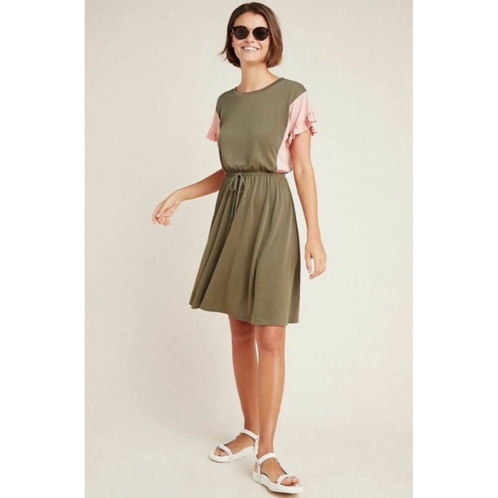 NWT Anthropologie COA Size SMALL Dress Women's Pink Olive Green Ruffle Sleeve